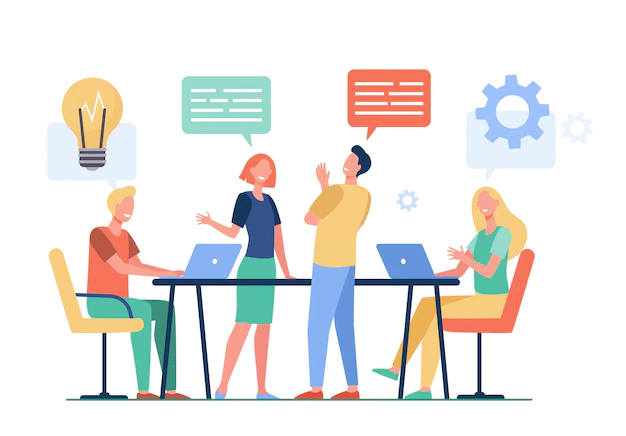 business-team-planning-working-process-flat-vector-illustration-cartoon-colleagues-talking-sharing-thoughts-smiling-company-office-teamwork-workflow-concept_74855-9813